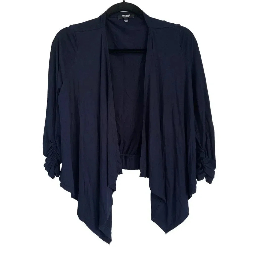 Premise Studio Open Navy Blue Ruched Sleeve Flowy Quarter Sleeve Cardigan Size S